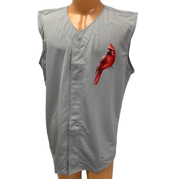 New Tag Team Mens Large Hand Printed Cardinal Bird Button Down Sleeveless Jersey - Picture 1 of 4